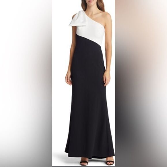 Eliza J Colorblock One-Shoulder Gown with Bow Detail Size 14 - Picture 1 of 3